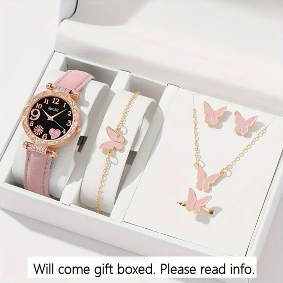 Pink & Gold Watch, Pink Butterfly Necklace, Bracelet, Earrings and Ring Set - Picture 1 of 8